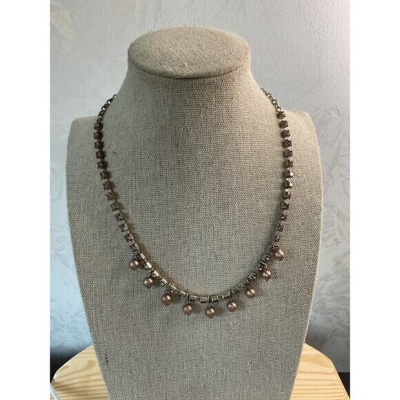 Vintage Pink Rhinestone & Faux Pearl Necklace With Silver Chain Lobster Clasp - Picture 1 of 5